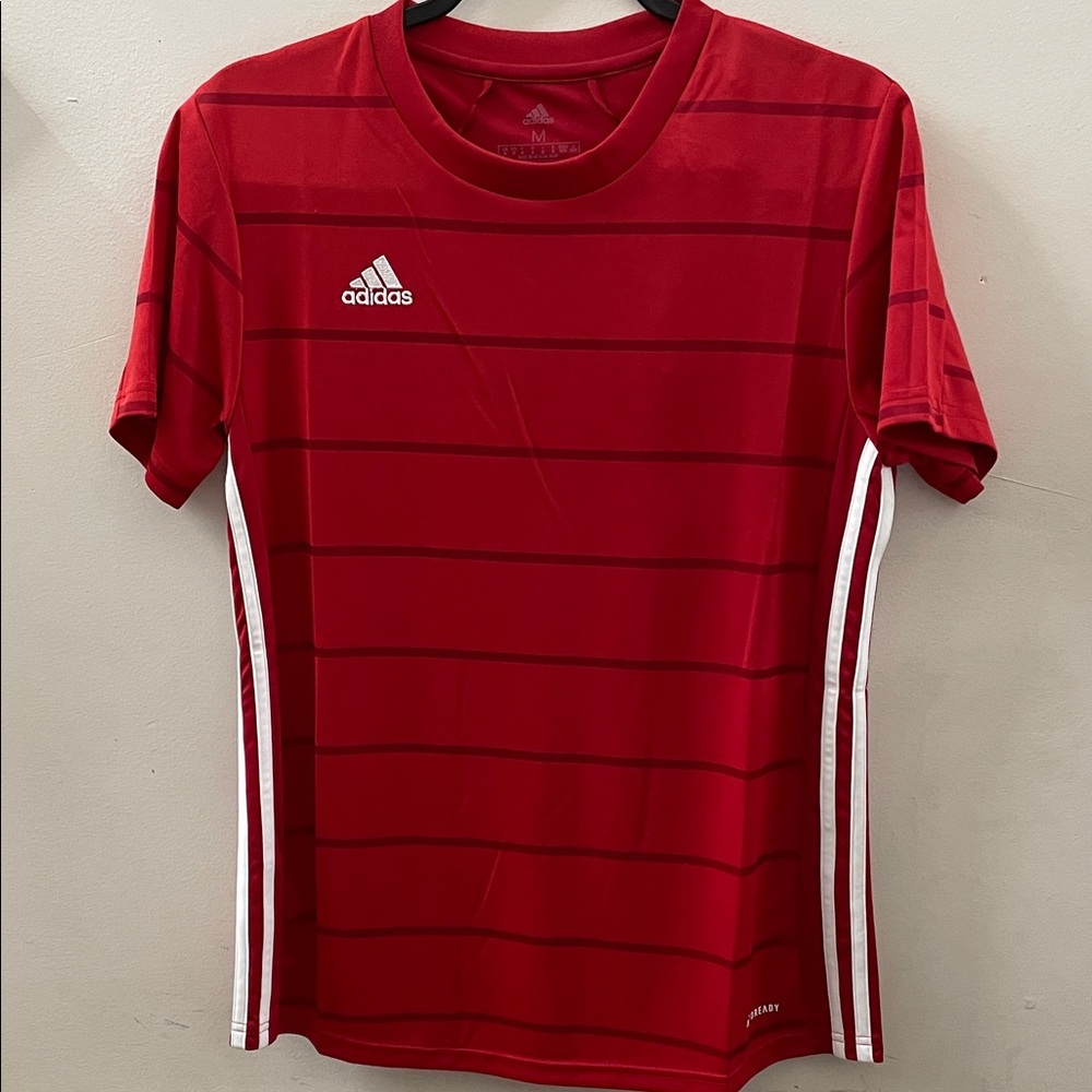 Adidas Red Tee with White Stripes
